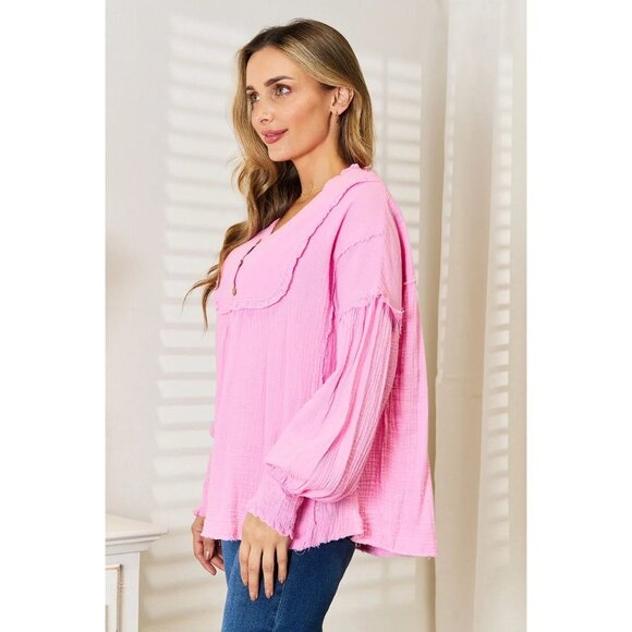 Double Take Exposed Seam Buttoned Notched Neck Blouse - Picture 7 of 8